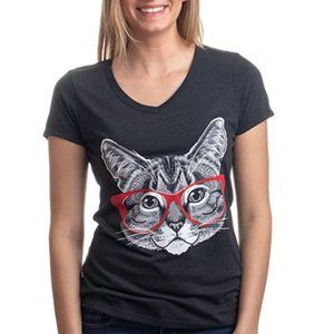 4/$20 Red Linda Glasses Cat Screenprint V-Neck Tee